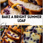 Golden Sourdough Lemon Blueberry Loaf sliced to show juicy blueberries and lemon zest swirl.